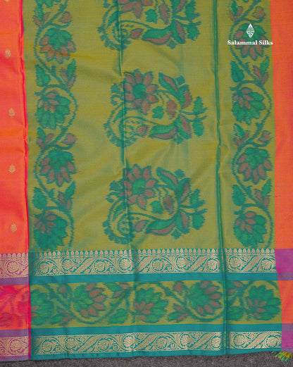 Semi Silk Saree - Orange Colour Body Zari Butta With Pochampally Fancy Border