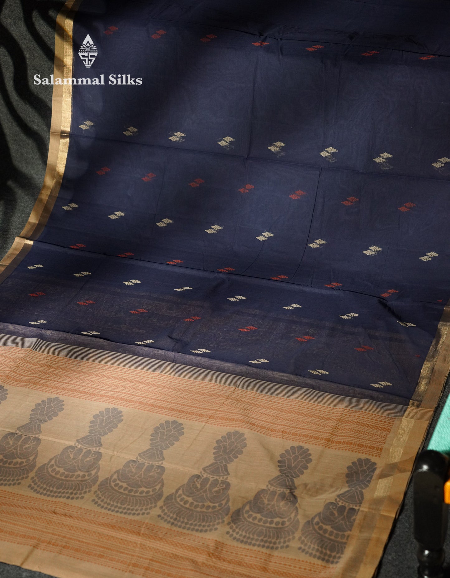 Beautiful Navy Blue Thread Buttas Handloom Pure Cotton Saree With Sandal Border