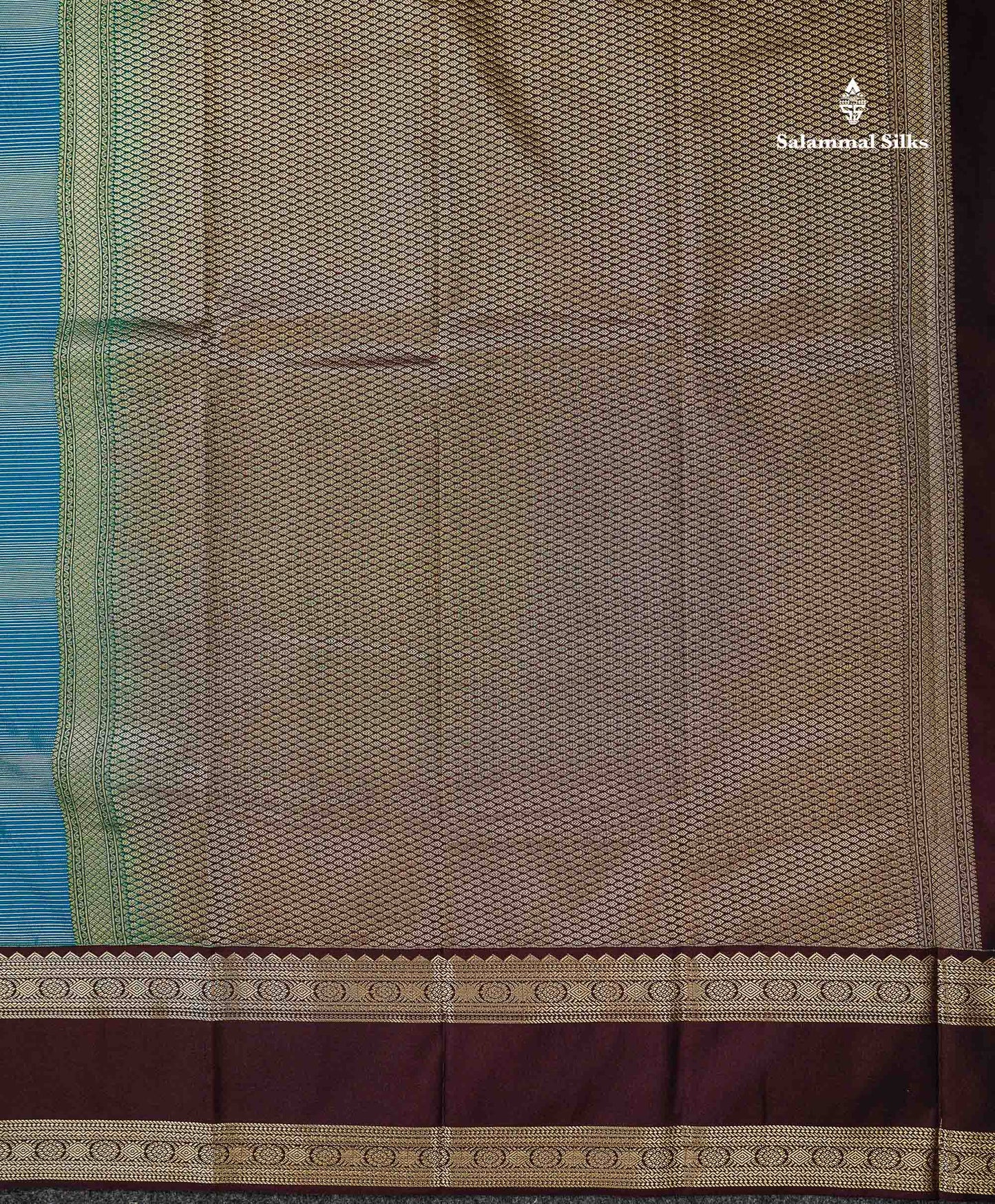 Peacock Blue Alai Vaira Oosi Lines With Butta Semi Silk Saree With Contrast Dark Brown Traditional Gap Border