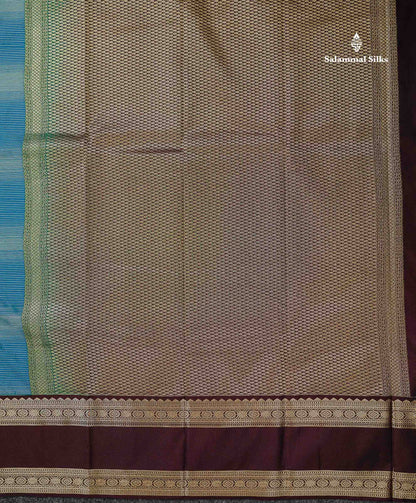 Peacock Blue Alai Vaira Oosi Lines With Butta Semi Silk Saree With Contrast Dark Brown Traditional Gap Border