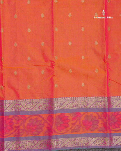 Semi Silk Saree - Orange Colour Body Zari Butta With Pochampally Fancy Border
