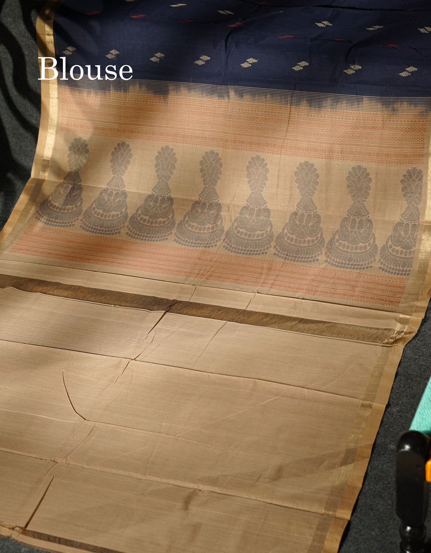 Beautiful Navy Blue Thread Buttas Handloom Pure Cotton Saree With Sandal Border