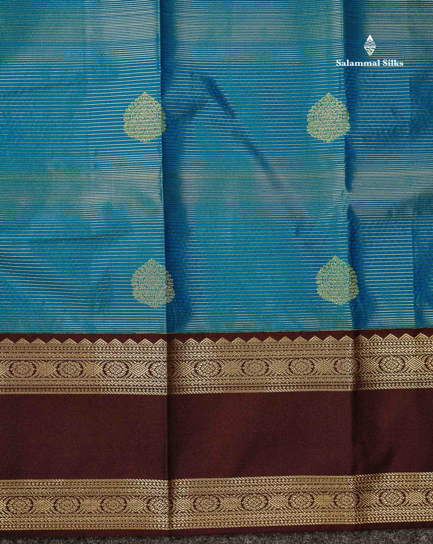 Peacock Blue Alai Vaira Oosi Lines With Butta Semi Silk Saree With Contrast Dark Brown Traditional Gap Border