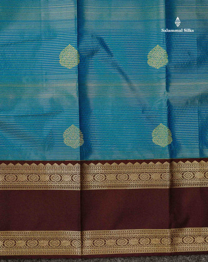 Peacock Blue Alai Vaira Oosi Lines With Butta Semi Silk Saree With Contrast Dark Brown Traditional Gap Border