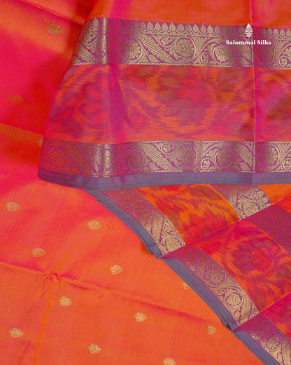 Semi Silk Saree - Orange Colour Body Zari Butta With Pochampally Fancy Border