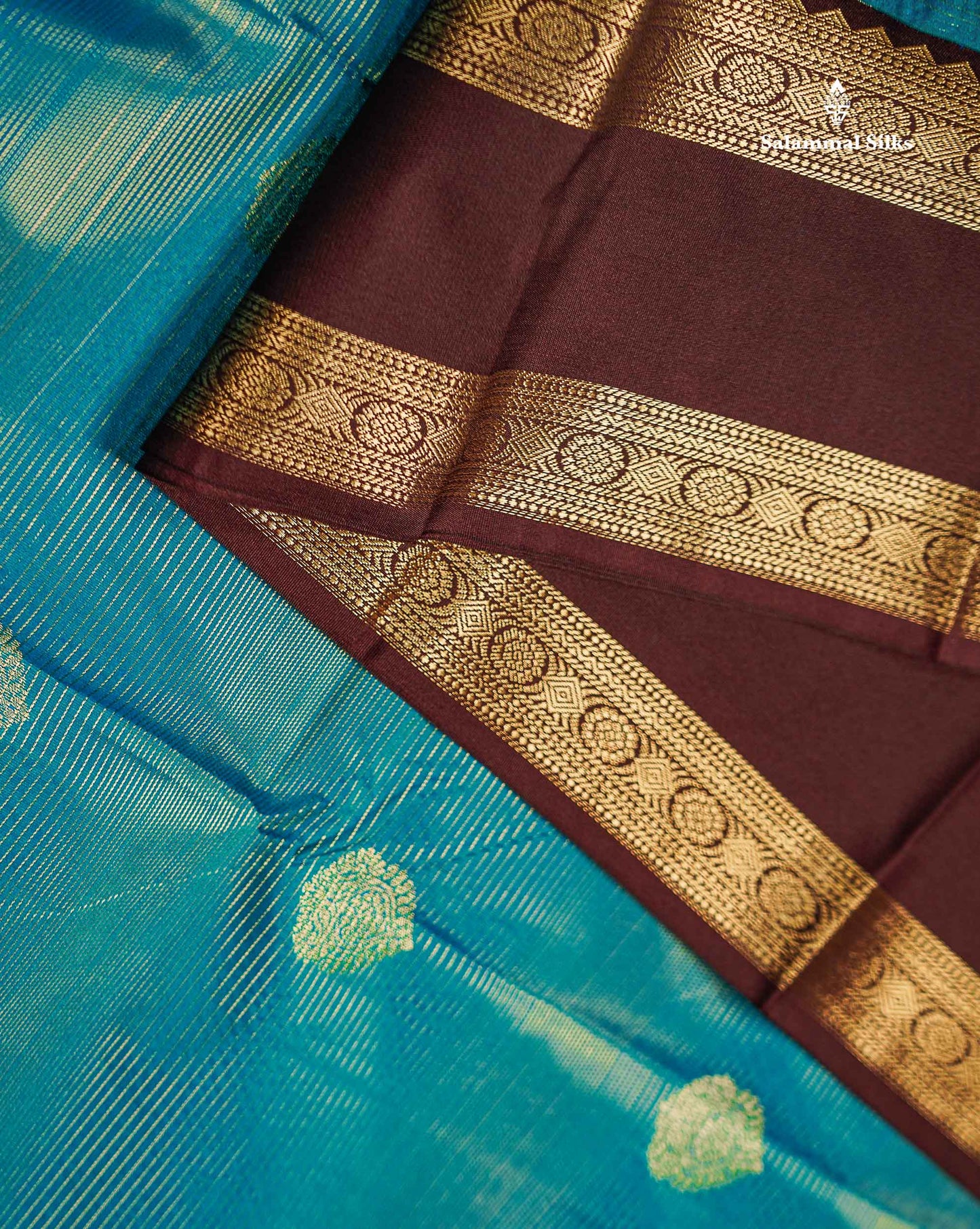 Peacock Blue Alai Vaira Oosi Lines With Butta Semi Silk Saree With Contrast Dark Brown Traditional Gap Border