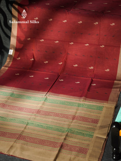 Beautiful Redish Maroon Thread Work Butta Handloom Pure Cotton Saree With Contrast Sandal Blouse