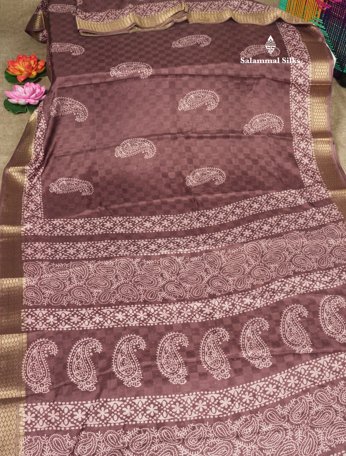 Pastel Violet Semi Dola Fancy Saree Printed Design With Traditional Zari Border