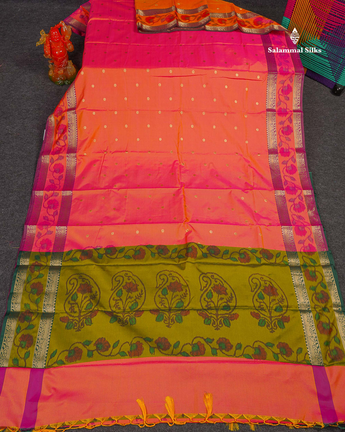 Semi Silk Saree - Pinkish Peach Colour Body Zari Butta With Pochampally Fancy Border