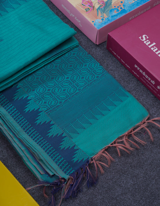 Sapphire Green Beautiful Fancy Kora Cotton Saree With Contrast Navy Blue Traditional Temple Border