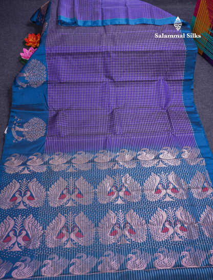Bottle Green Checks Pure Silk Mix Saree With Contrast Magenta Fancy Border