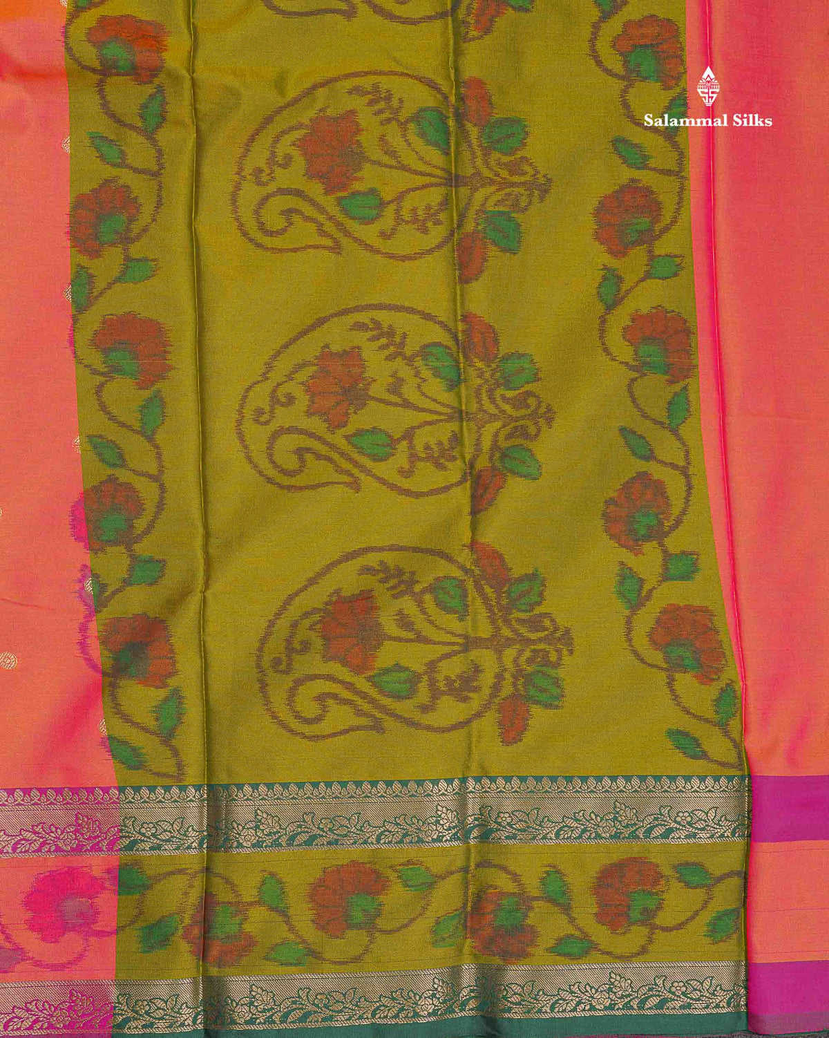 Semi Silk Saree - Olive Green Colour Body Zari Butta With Pochampally Fancy Border