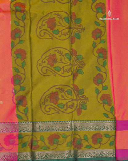 Semi Silk Saree - Olive Green Colour Body Zari Butta With Pochampally Fancy Border