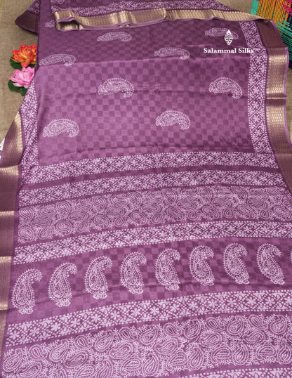 Pastel Violet Semi Dola Fancy Saree Printed Design With Traditional Zari Border