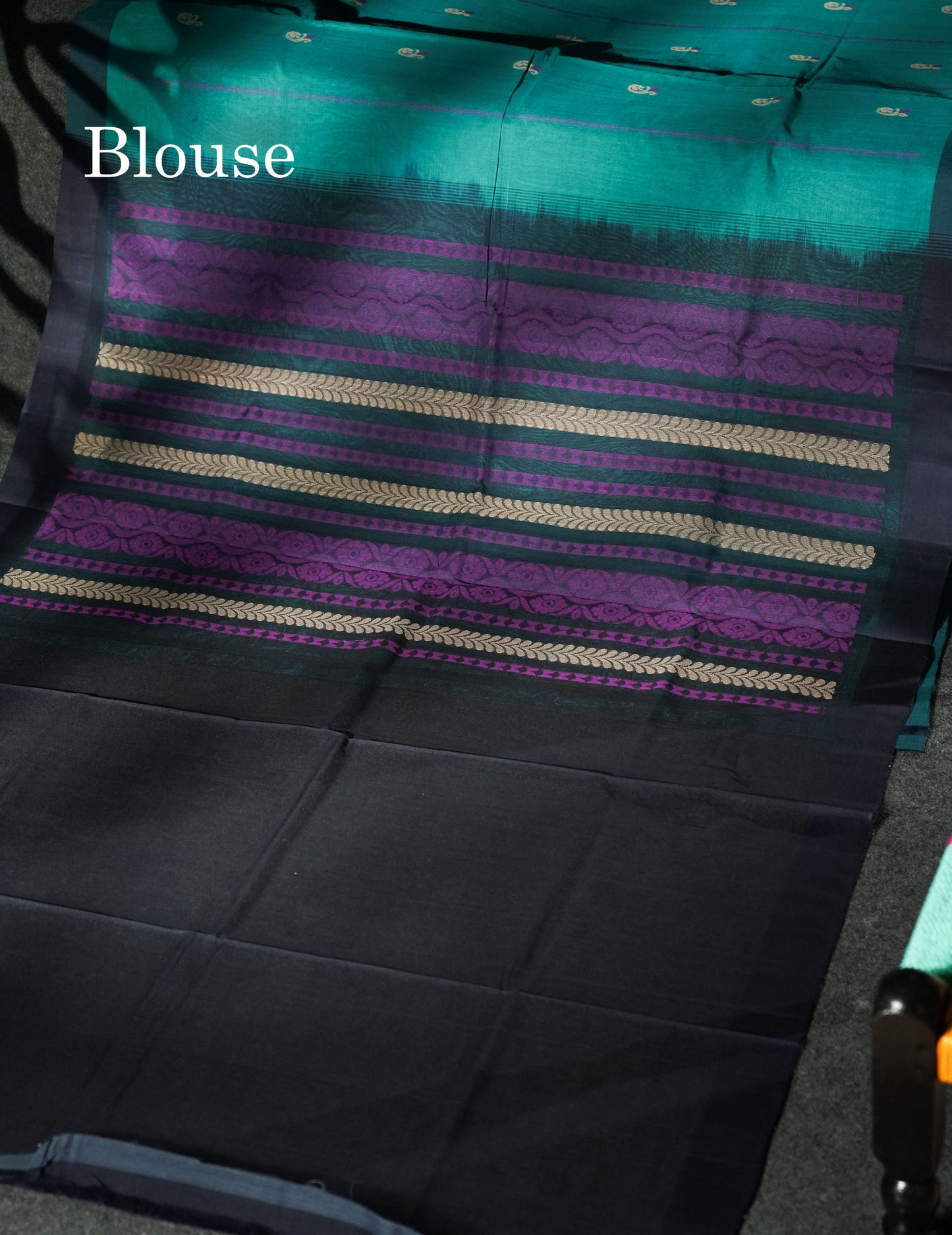 Beautiful Sapphire Blue Thread Work Butta Handloom Pure Cotton Saree With Contrast Navy Blue Blouse