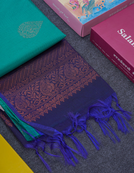 Sapphire Green Beautiful Sico Cotton Saree With Contrast Navy Blue Blouse