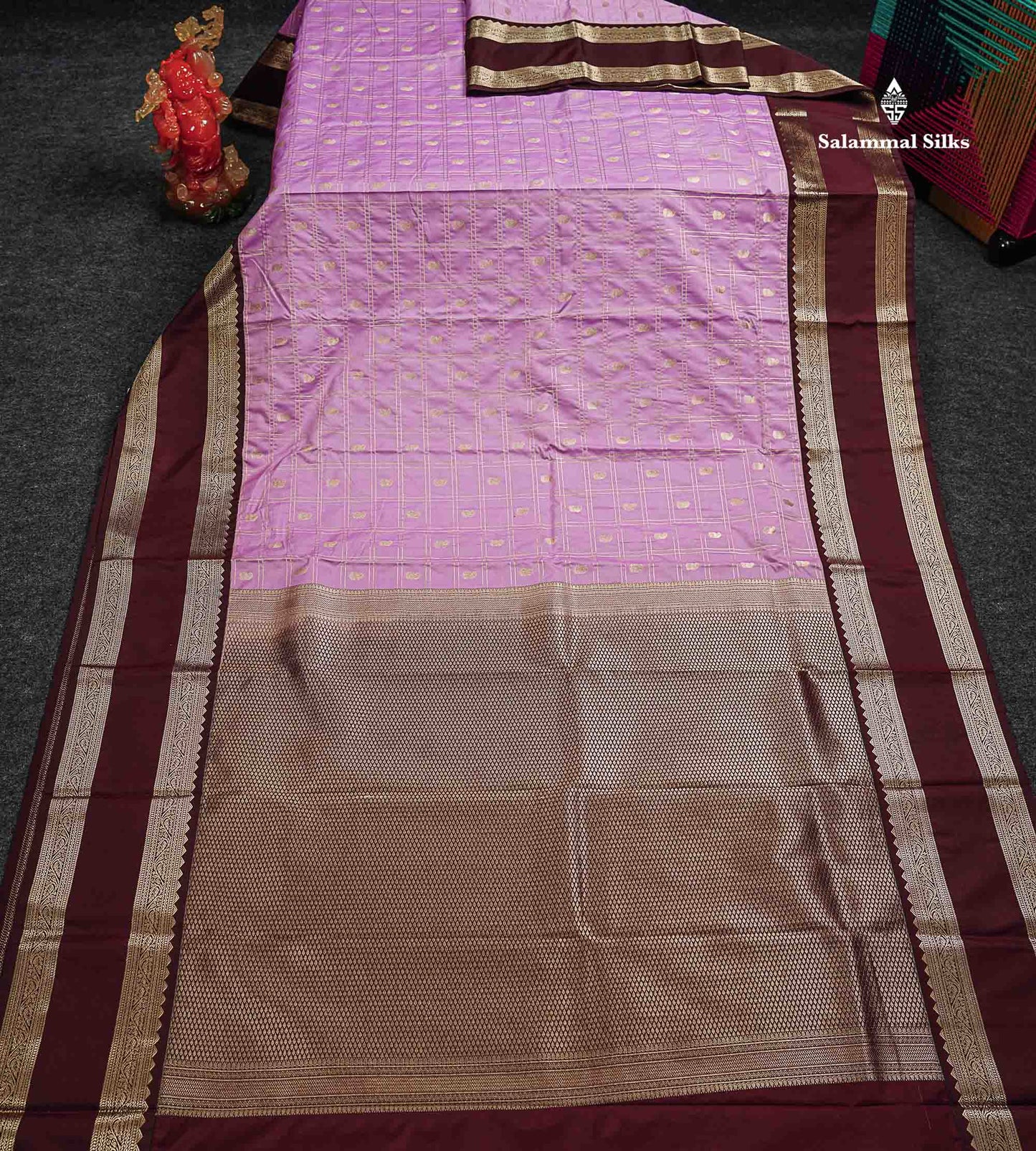 Semi Silk Saree - Light Lavender Mango Butta With Checks Along With Contrast Dark Brown Traditional Gap Border