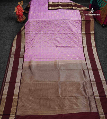 Semi Silk Saree - Light Lavender Mango Butta With Checks Along With Contrast Dark Brown Traditional Gap Border
