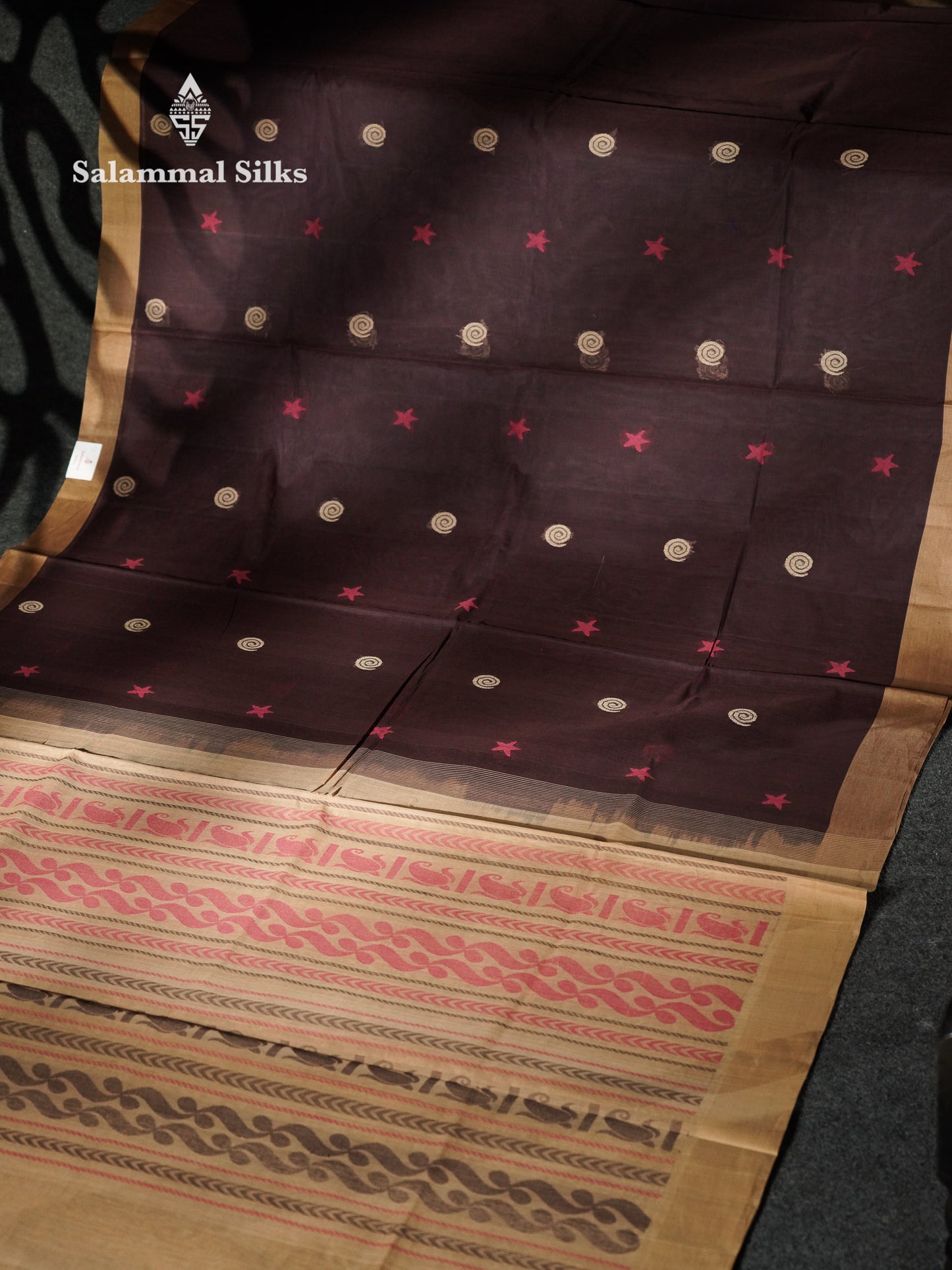 Beautiful Dark Brown Thread Work Butta Handloom Pure Cotton Saree With Contrast Sandal Border