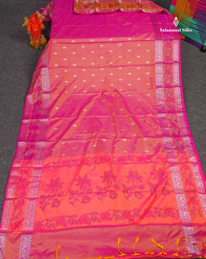 Semi Silk Saree - Dual Tone Pink Colour Body Zari Butta With Pochampally Fancy Border