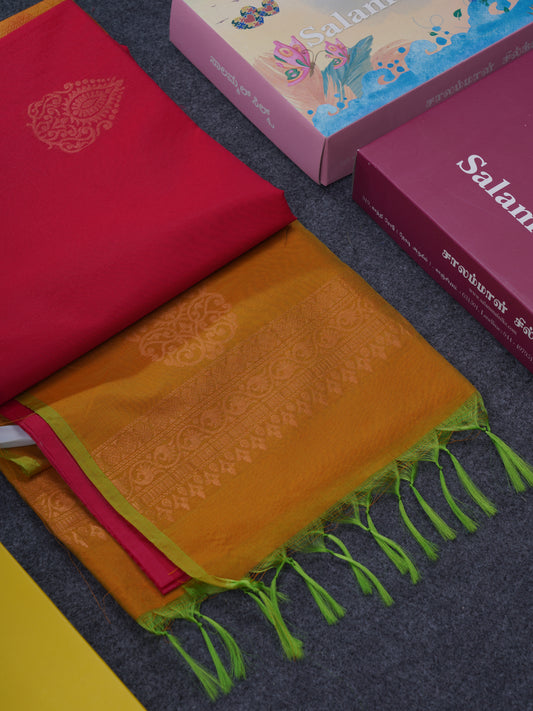 Beautiful Reddish Pink Sico Cotton Saree With Contrast Mustard Yellow Blouse