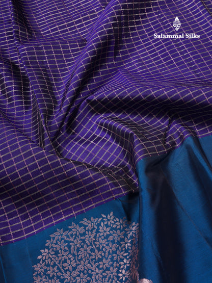 Bottle Green Checks Pure Silk Mix Saree With Contrast Magenta Fancy Border