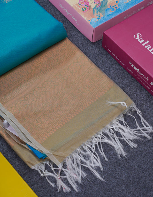 Beautiful Ramar Blue SICO Cotton Saree With Contrast Light Elaichi Green Blouse