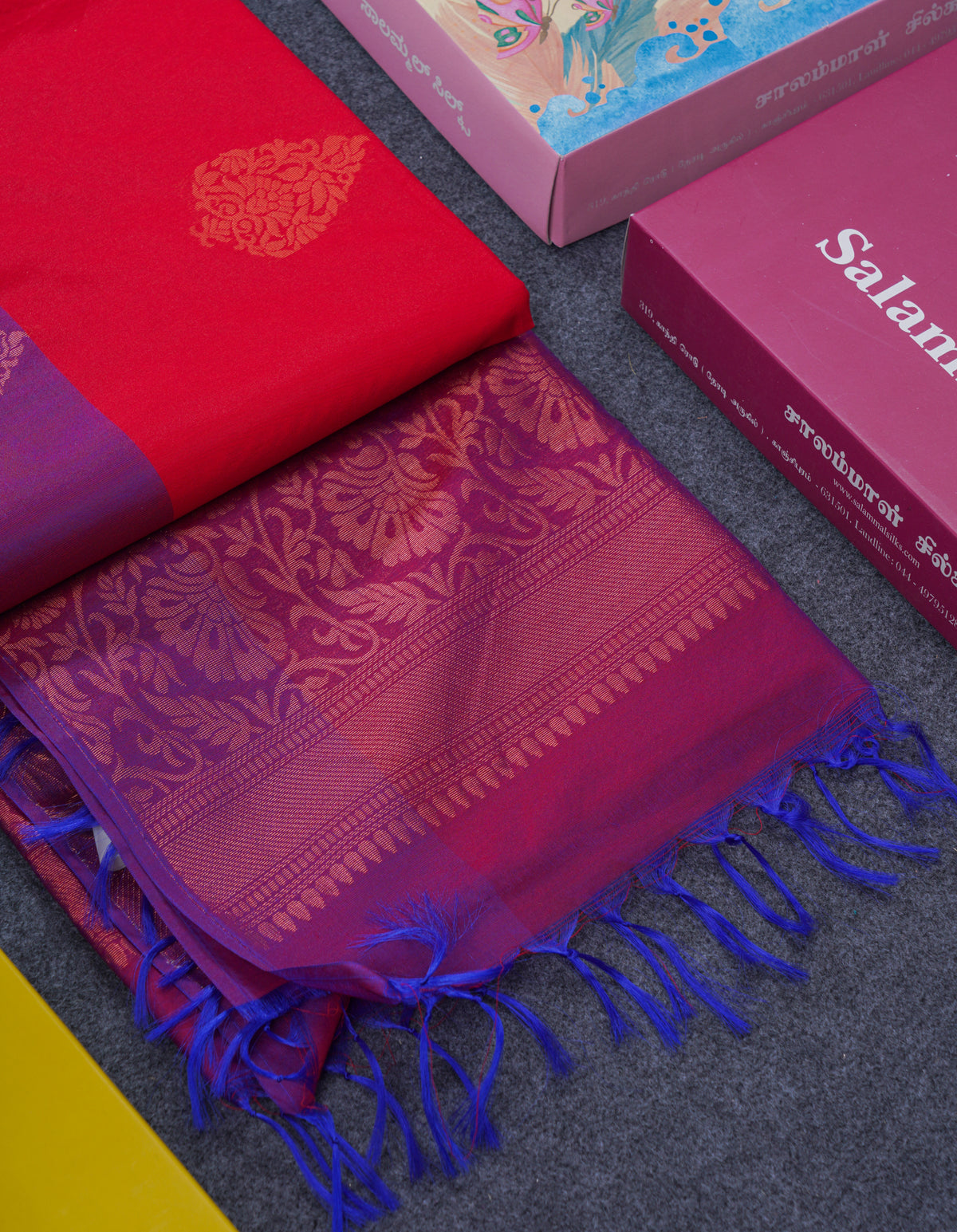 Beautiful Red SICO Cotton Saree With Contrast Violet Blouse