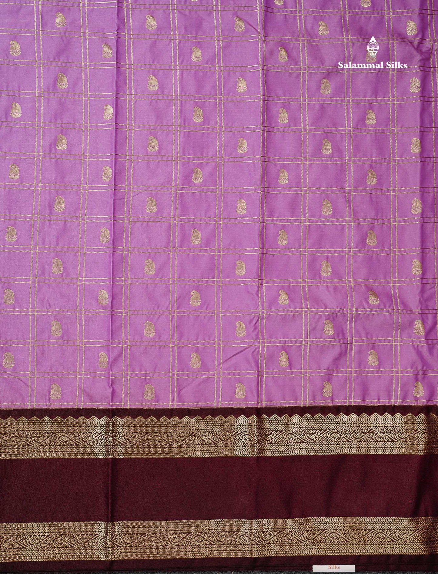 Semi Silk Saree - Light Lavender Mango Butta With Checks Along With Contrast Dark Brown Traditional Gap Border