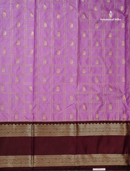 Semi Silk Saree - Light Lavender Mango Butta With Checks Along With Contrast Dark Brown Traditional Gap Border