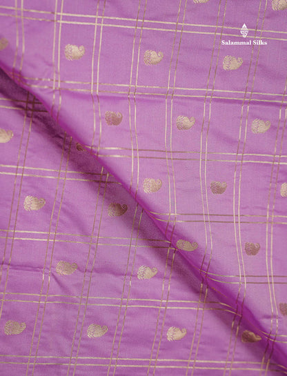 Semi Silk Saree - Light Lavender Mango Butta With Checks Along With Contrast Dark Brown Traditional Gap Border