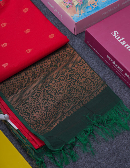 Beautiful Maroon Sico Cotton Saree With Contrast Bottle Green Blouse