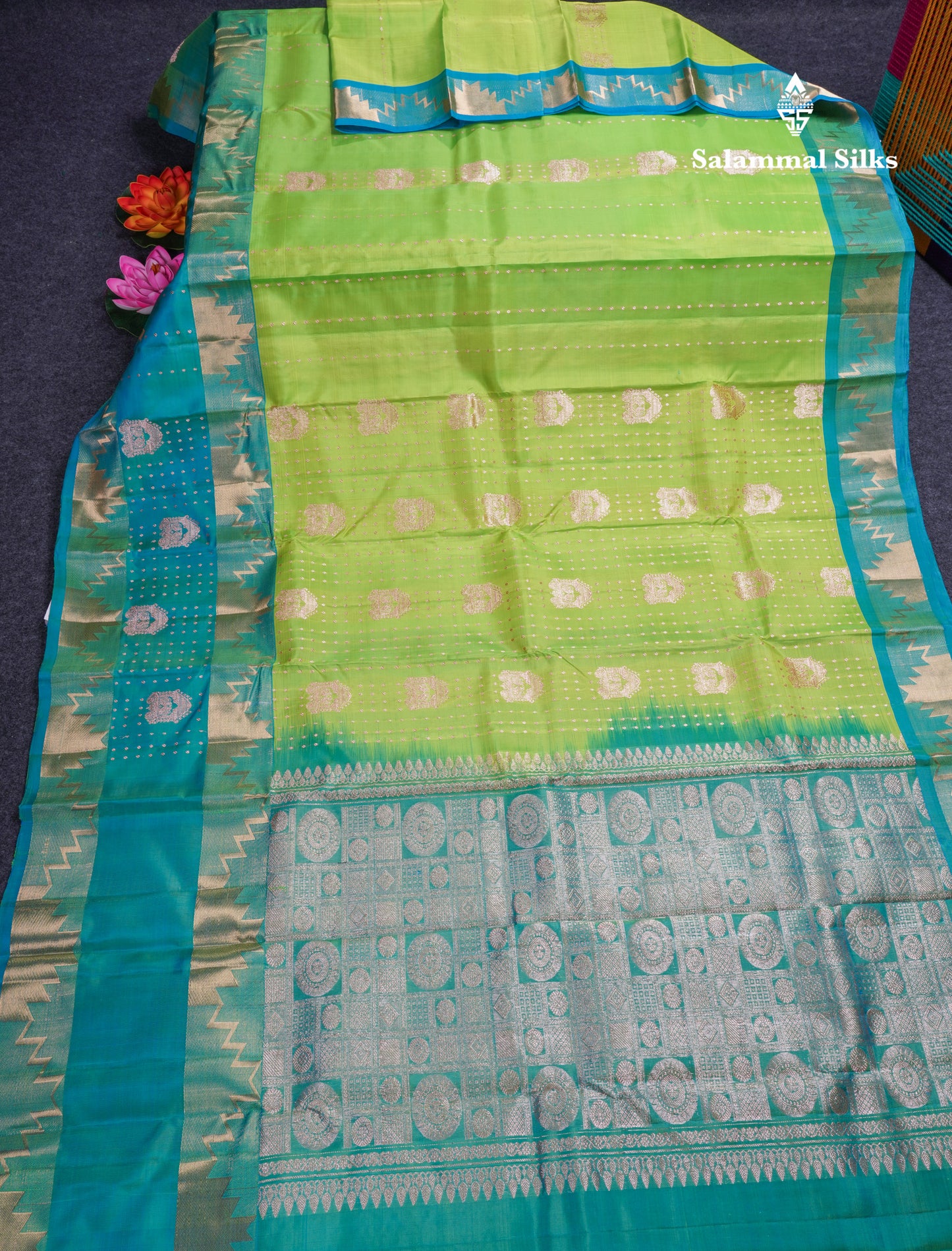 Parrot Green Pure Silk Mix Saree With Contrast Sapphire Green Traditonal Border