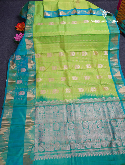 Parrot Green Pure Silk Mix Saree With Contrast Sapphire Green Traditonal Border