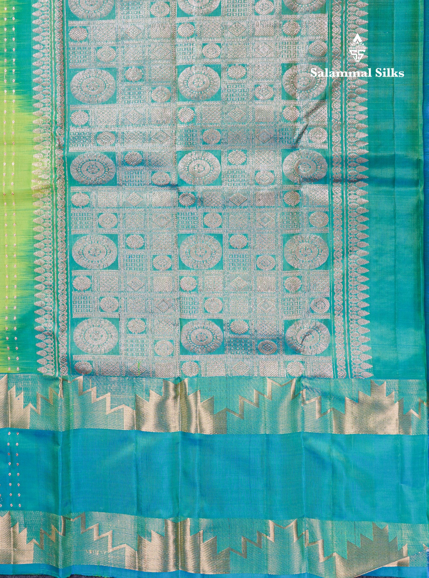 Parrot Green Pure Silk Mix Saree With Contrast Sapphire Green Traditonal Border