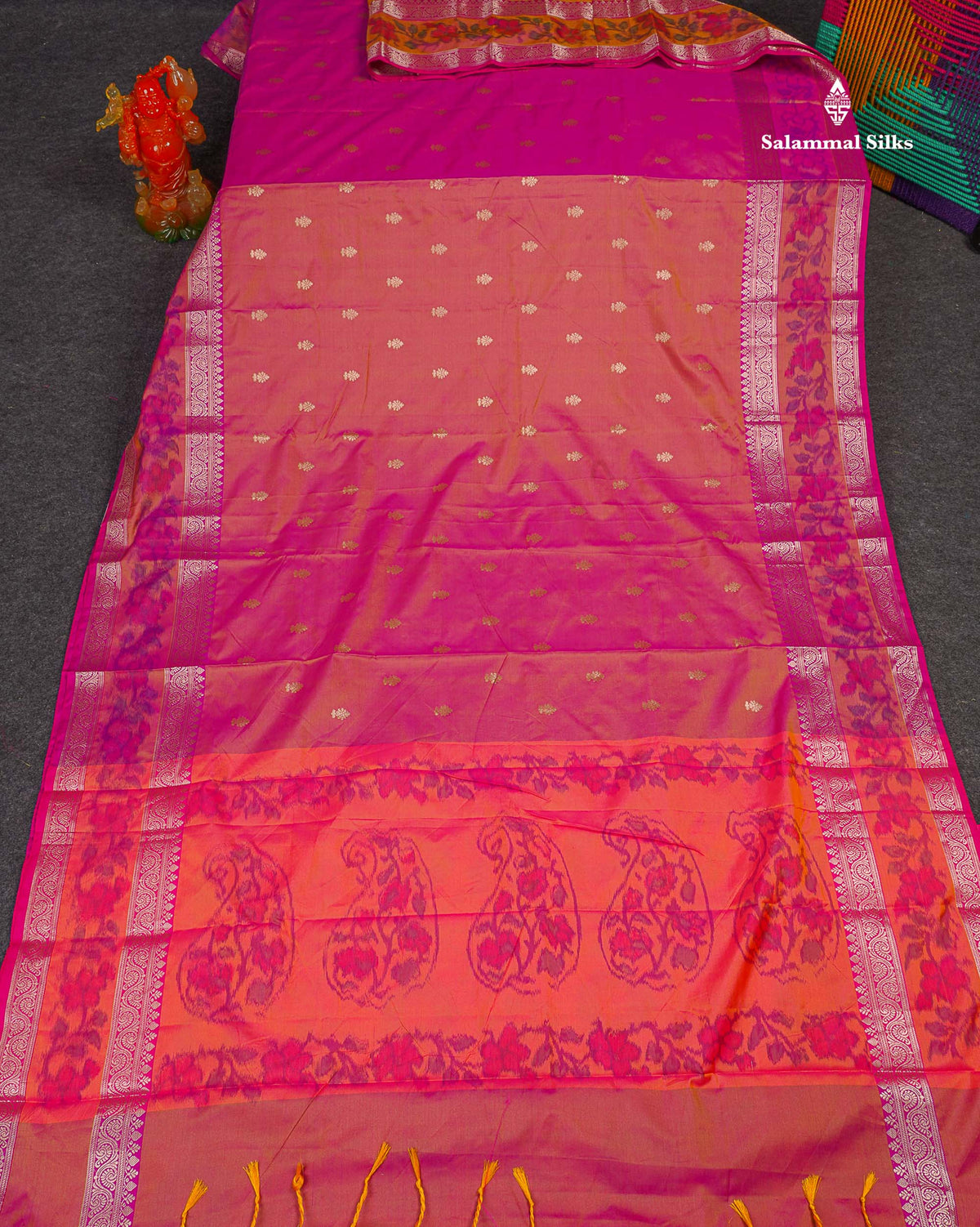 Semi Silk Saree - Pinkish Orange Colour Body Zari Butta With Pochampally Fancy Border