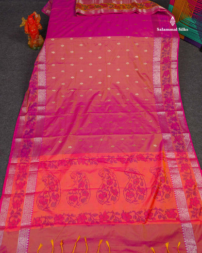Semi Silk Saree - Pinkish Orange Colour Body Zari Butta With Pochampally Fancy Border