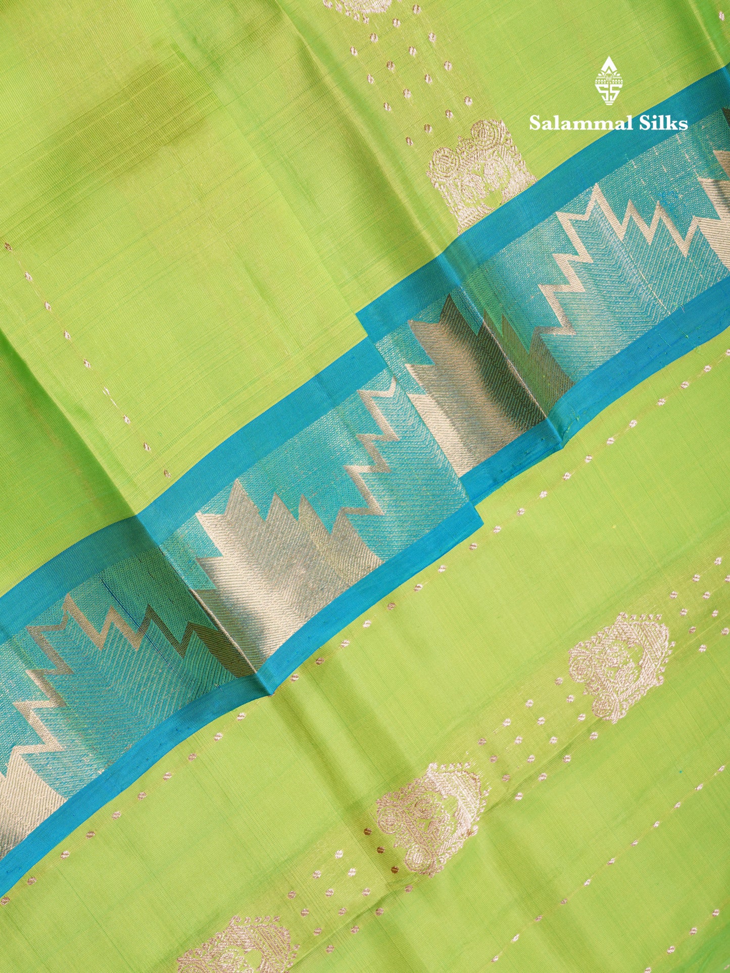 Parrot Green Pure Silk Mix Saree With Contrast Sapphire Green Traditonal Border