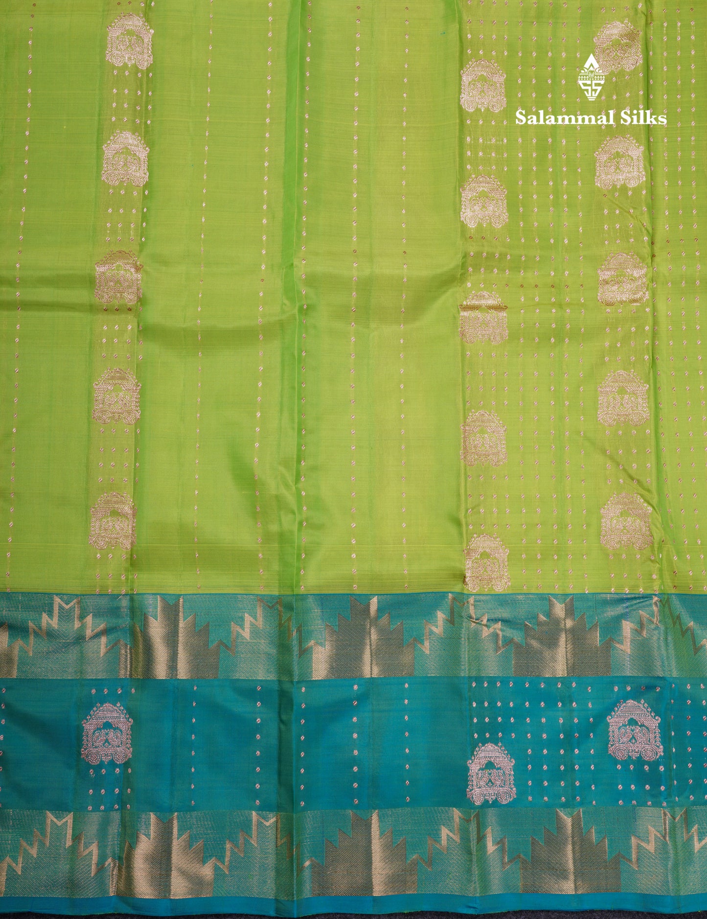 Parrot Green Pure Silk Mix Saree With Contrast Sapphire Green Traditonal Border