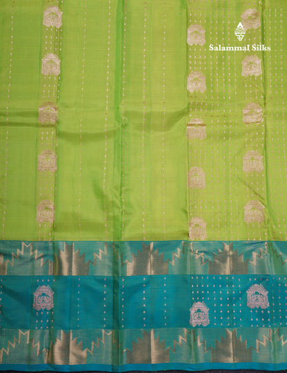 Parrot Green Pure Silk Mix Saree With Contrast Sapphire Green Traditonal Border