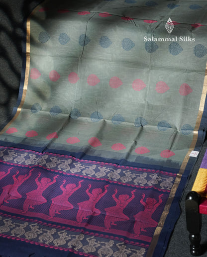 Beautiful Grey Thread Work Butta Handloom Pure Cotton Saree With Contrast Navy Blue Blouse