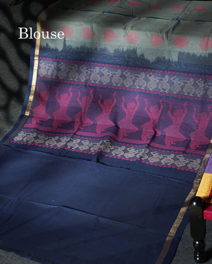 Beautiful Grey Thread Work Butta Handloom Pure Cotton Saree With Contrast Navy Blue Blouse