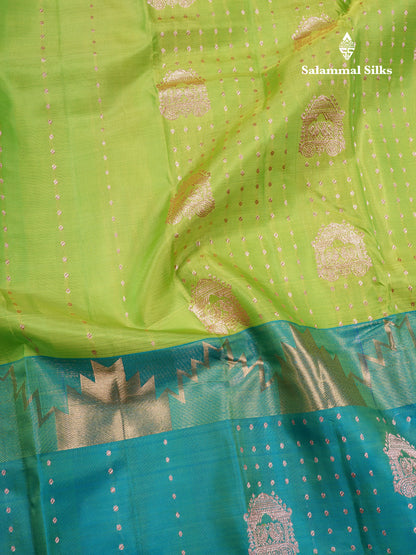 Parrot Green Pure Silk Mix Saree With Contrast Sapphire Green Traditonal Border