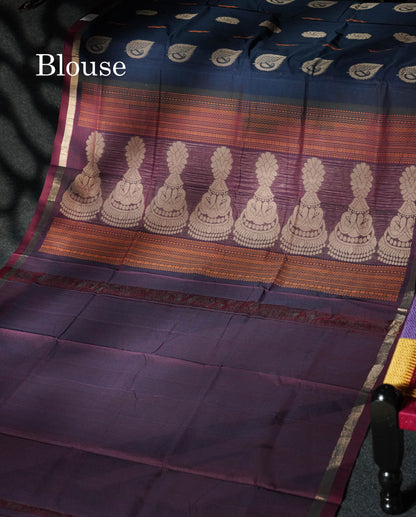 Beautiful Navy Blue Thread Work Butta Handloom Pure Cotton Saree With Contrast Wine Blouse