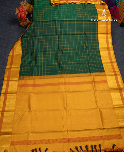 Beautiful Bottle Green Checks Pure Kanjivaram Silk Saree With Contrast Mustard Yellow Traditional Border