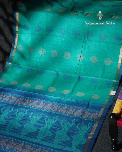 Beautiful Sapphire Green Thread Work Butta Handloom Pure Cotton Saree With Contrast Blue Blouse