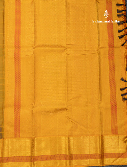 Beautiful Bottle Green Checks Pure Kanjivaram Silk Saree With Contrast Mustard Yellow Traditional Border