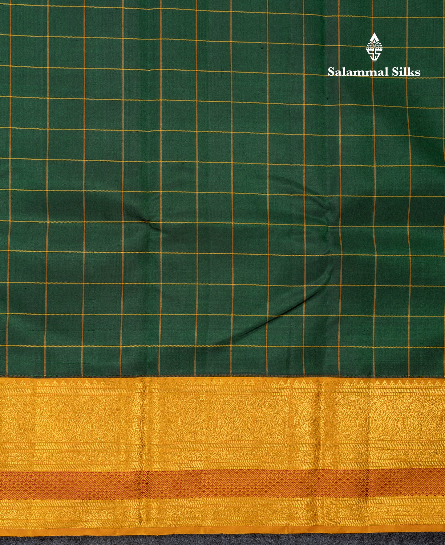 Beautiful Bottle Green Checks Pure Kanjivaram Silk Saree With Contrast Mustard Yellow Traditional Border
