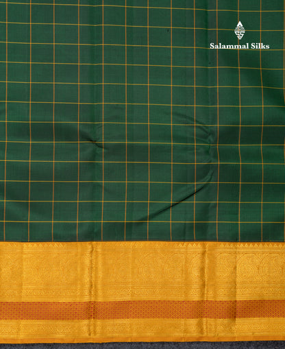 Beautiful Bottle Green Checks Pure Kanjivaram Silk Saree With Contrast Mustard Yellow Traditional Border