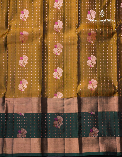 Olive Mustard Yellow Pure Silk Mix Saree With Contrast Bottle Green Border